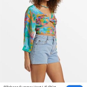 Billabong Teal Multicolor Knot-Front Crop Top